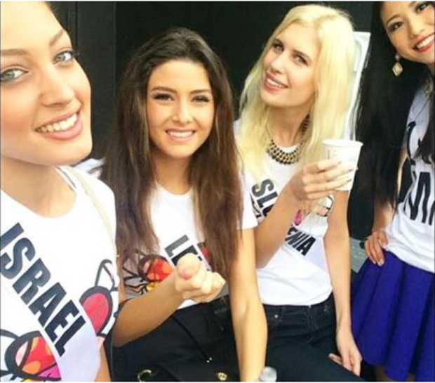 From left to right:  Miss Israel, Miss Lebanon, Miss Slovenia and Miss Japan. 
